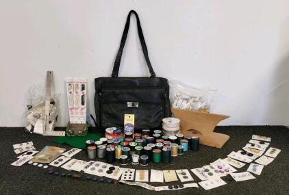 Mixed Sewing Supplies Lot with 40+ Thread Spools, Buttons, Ribbons, and Accessories