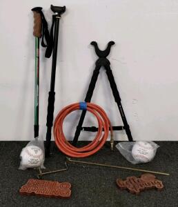 Mixed Lot: 2 Diamond D200 Baseballs, Trekking Poles (Cabela's, Coleman), Air Hose, Bipod, Wood Signs