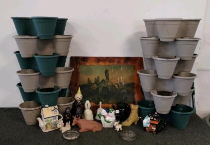 12 Stackable Vertical Plastic Planter Pots with 14-Piece Decorative Collectibles Lot, Multi-Colored (XJ)