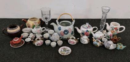 Vintage Miniature Teapot & Tea Set Lot with Glassware, Floral Patterns, Virginia City Souvenirs 20+ pcs (XA)