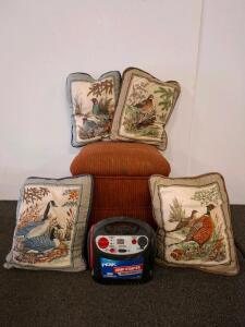 Peak 600 Amp Portable Jump Starter, DC 12V, USB Port. Unable to test. wildland birds pillow set. orange ottoman.