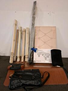 Household lot. Window blinds, desk mat, desk lamp, ( unable to test) twin sized headboard. Nail technician arm rest. Neck pillow, purses and bags