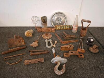 Vintage Salvage Lot &ndash; Houston Plate, Studebaker Hubcap, Hire&rsquo;s Bottle, Hardware, 27 Pieces