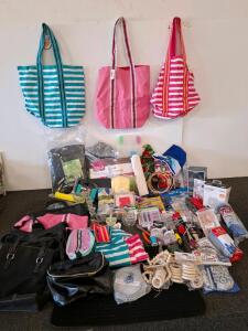 Very large lot. Mostly new items. Bathroom rug set, school/ office supplies. Beach bags, travel bags. Hand tools, and more. ( shelf A)