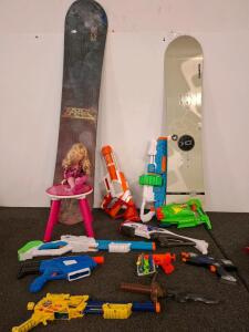 Mixed Lot: Crazy Creek Pro 163 & BX Snowboards, Toy Blasters, Doll, Stool