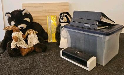 Butchers block, brother printer (untested, needs cord), file box, plotters, stuffed animals and more (J)