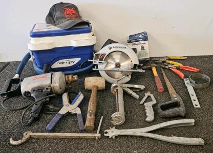 Black & Decker 2 HP Circular Saw (tested, works), Corded Drill (tested, works), DonJoy Cooler, Hand Tools Lot, Orbit Valve