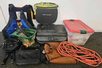 HP printer (tested, works), adult size life jacket, seed spreader, extension cord, cauldron chalk board, purses, gas funnel, and more