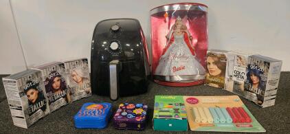 2001 Holiday Celebration Barbie Doll, Mattel Special Edition, Boxed, Accessories, Item 50302. Air fryer (tested, works), several boxes of hair dye including got2b metallics, decorative bandaids and more (I)