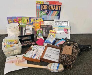 Large Mixed Lot: Mahjong Set, Conair Massager attachments, Stationery, Rope, Crafts, Job Charts, Peanuts