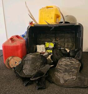 Gasoline, kerosene and diesel cans, sanding disc's, deer antler, helmet, padded armor and more. Tuff tote included.