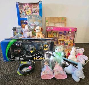 Mixed Toy & Collectible Lot: Disney Playsets, Batman Batcave, Barbie Dolls, Plush Toys, Craft Kits (J)