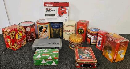 Vintage Collectible Tin Lot &ndash; Tootsie Roll Pops, Campfire, Oreo, Ritz, Sun-Maid, More. Dremel (tested, works) and new condition variable speed Jigsaw(tested, works) (H)