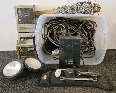 Hampton Bay 600W Landscape Lighting Transformer (tested, works) & Portfolio Fixtures, Cables, Tools (L)