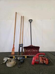 Ryobi Corded Screwdriver(Tested), Dirt Devil Hand Vac(Tested), Impact Wrench(Unable to test), Snow Shovel, Post Hole Digger Lot