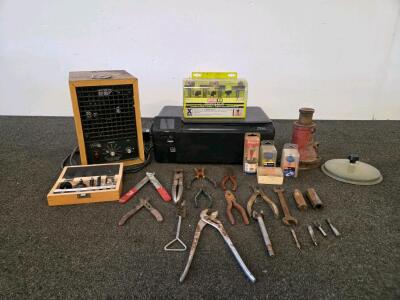 Mixed Lot: Living Air Purifier(Tested), HP Photosmart B210 Printer(Tested), Ryobi & Diablo Bits, Vintage Tools, Nissan Jack (FN 5000 Shelf C)