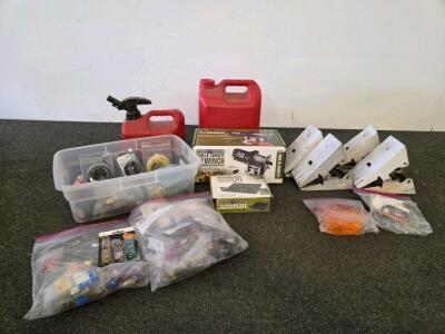 Badland 2500 lb ATV Winch(Untested), Mount Plate, Blitz Gas Cans, Electrical Supplies, Jacks Lot (FN 5000 Shelf K)