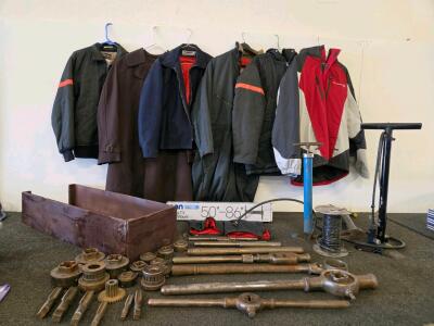 Vintage Tap & Die Set w/ Wood Box, YAMAWA, 20+ Pieces, Assorted Sizes, Multiple Handles, Vintage Coats, & TV Mount (FN 5000 shelf I)