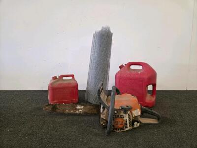 STIHL MS 171 Gas Chainsaw(Unable to test), 16" Bar, 31.8 cc Engine, 1.7 bhp, 2 Gas Cans, & Roll of Wire Mesh