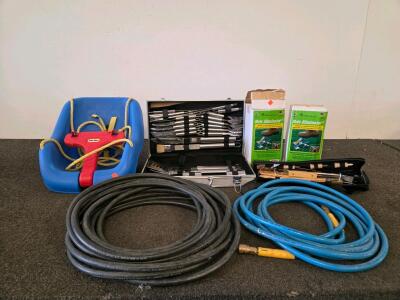 Garage Lot: Central Pneumatic 50' & Primefit 25' Air Hoses, Little Tikes Swing, Wire-Tek Mole Traps, BBQ Tool Set (FN Shelf 5000 Shelf J)