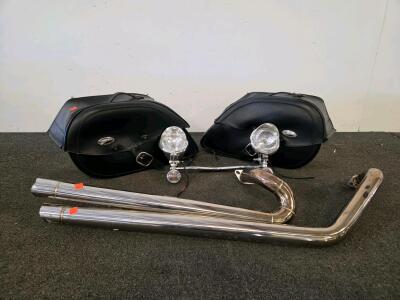 Motorcycle Accessory Set: Saddlemen Saddlebags, Chrome Exhaust, Lighting Bar(Untested) (FN 5000 Shelf H)