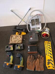 Ryobi P700 18V Cordless Drills, Campbell Hausfeld RP4000 Compressor, ( powered on) DeWalt Bag, roybi flashlights worh battery packs. Ryobi battery chargers, unable to test. Leather gloves, tire iron, furnace panel & More. ( shelf L)