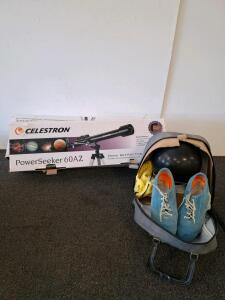 Brunswick Custom LTD Bowling Ball, Vintage Blue Shoes Size 9, Case, CTF3352, 14 lb , telescope in original packaging.