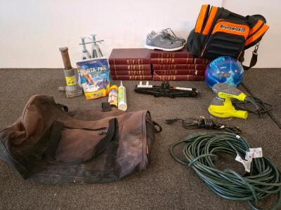 Dexter Slide-Rite Men's Bowling Shoes Size 8, Ebonite Maxim Ball, Brunswick Bag, Jacks, camper chemicals, royobi sander (powered on). And more. ( shelf K)