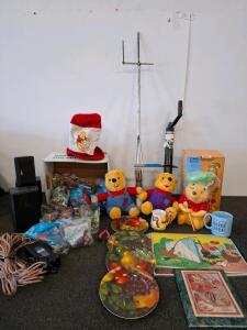 Large Vintage Mixed Collectibles Lot &ndash; Pooh Plush, pooh cookie jar. JVC Speakers, Fast Food Toys, Cartoon Mats, camper jack. Speaker set with wire. And more( shelf K)