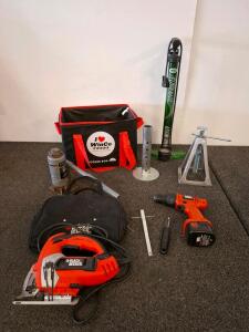 Black & Decker PS1200 12V Cordless Drill & JS600 Jigsaw with Accessories, powered on. Bike pump, jacks and more( shelf K)