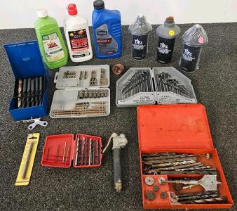 Mixed Lot: Drill & Hex Key Sets, Spade & Tap Bits, Tiki Torch Canisters, Fluid Bottles