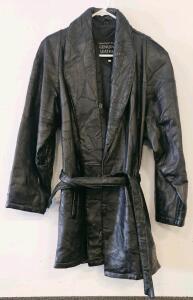 Italian Stone Design Black Genuine Leather Patchwork Belted Coat XL, Shawl Collar