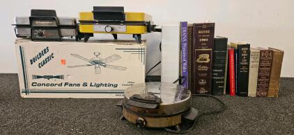 Concord Fans & Lighting Builders Classic Ceiling Fan, 5 Blades, Light Kit Included. Vintage books and three vintage waffle makers (all tested and work) (H)