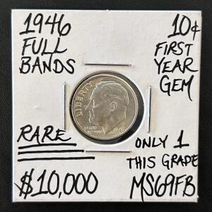 1946 Roosevelt Dime, Full Bands, MS69FB, First Year Issue, Philadelphia Mint, Silver