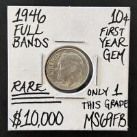 1946 Roosevelt Dime, Full Bands, MS69FB, First Year Issue, Philadelphia Mint, Silver