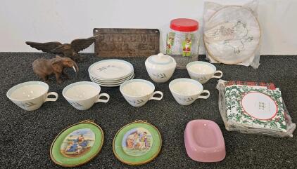 Vintage Home Decorations Including Dishes (Avalon, Cunningham and Pickett), 1819 Porcelain Wall Decor, Wooden Figurines, Old License Plate And More (H)