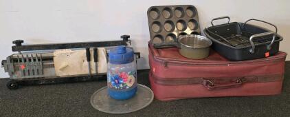 Mixed Lot: Sigma 2D3 Tile Cutter, Large Suitcase, Muffin Tin, Roasting Pan, Water Bottle, Cookware Lot (Shelf F)