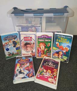 Large Lot of 40&ndash;60 Disney & Family VHS Tapes in Sterilite Bins.