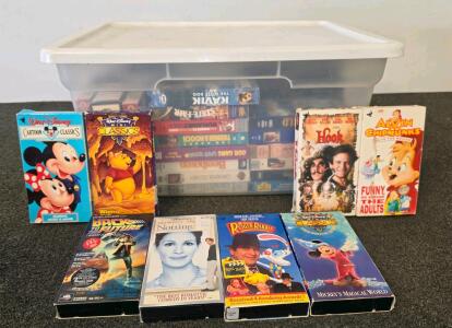Large Lot of 40&ndash;60 Disney & Family VHS Tapes in Sterilite Bins.(Shelf F)