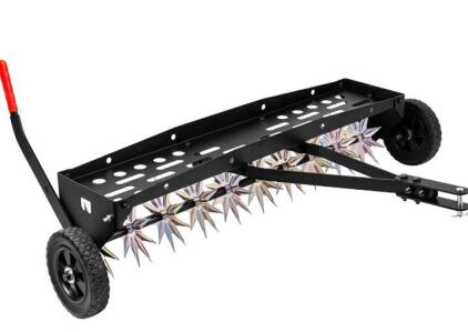 40" Tow Behind Spike Lawn Aerator, Steel 10-Tine, 2" Penetration, Universal Pin Hitch, 110 lb Tray