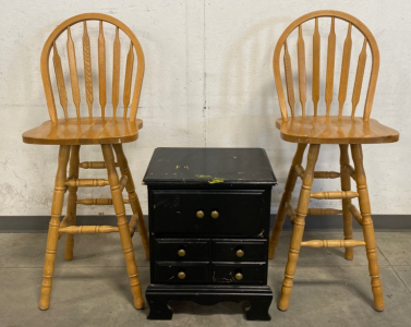 (2) Wooden Bar Stools And Nightstand