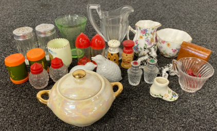 Assorted Salt & Pepper Shakers And Glassware