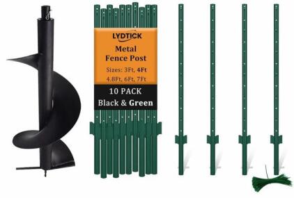 LYDTICK Metal Fence Post Set, 4ft Steel U-Channel, 10-Pack, w/ Auger Driver Tool, Green