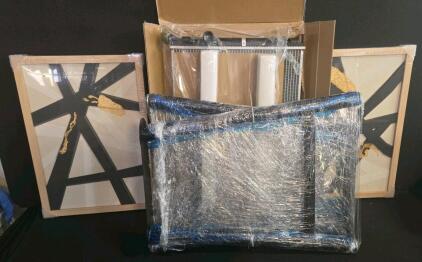Abstract Framed Wall Art Set, 24"x18", Gold/Black, Aluminum Car Radiator, Blue Steel Rolling Cart