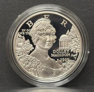 1999 Dolley Madison Commemorative Proof Silver Dollar, Original Packaging, COA