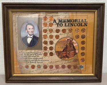 Framed "A Memorial to Lincoln" Penny Collection Display with 30 Coins and Lincoln Portrait