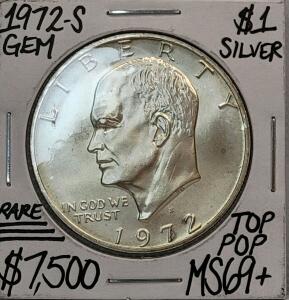 1972-S Eisenhower Dollar, San Francisco Mint, 40% Silver, MS69+ Gem, Rare Top Pop
