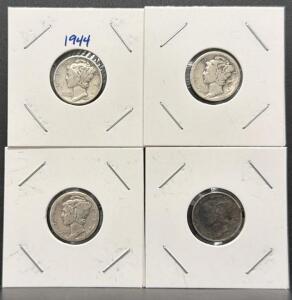 4 Mercury Dimes 1944 Winged Liberty Head, 90% Silver, Circulated US Coins, Lot of 4