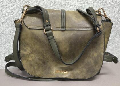 Steve Madden Olive Green Faux Leather Crossbody Bag, Gold Hardware, Adjustable Strap, Flap Closure
