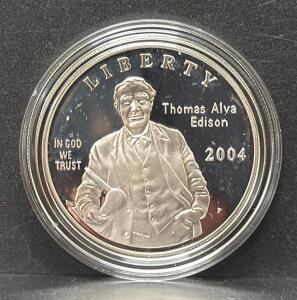 2004 U.S. Mint Thomas Edison Commemorative Proof Silver Dollar Coin, 90% Silver, Original Packaging